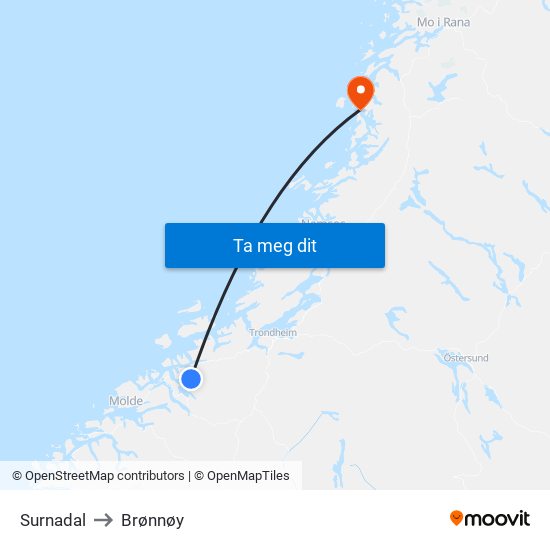 Surnadal to Brønnøy map