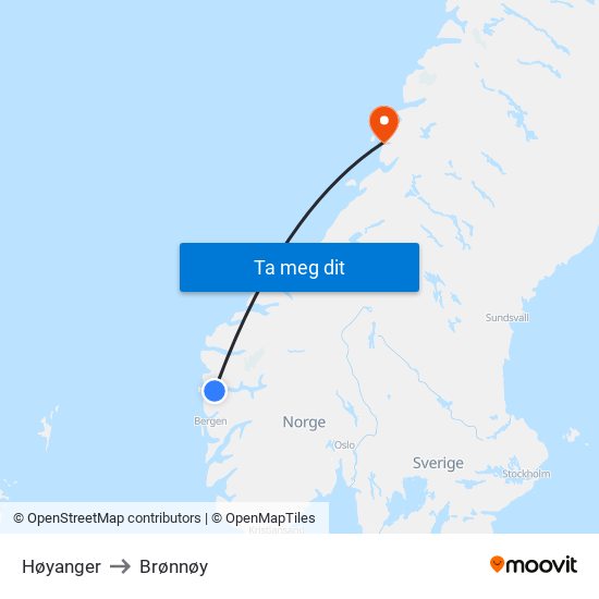 Høyanger to Brønnøy map