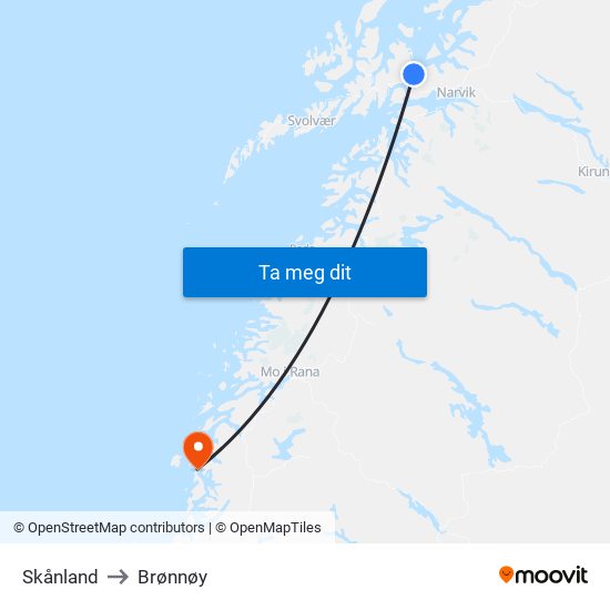 Skånland to Brønnøy map