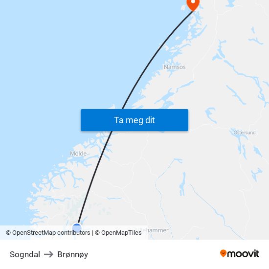 Sogndal to Brønnøy map