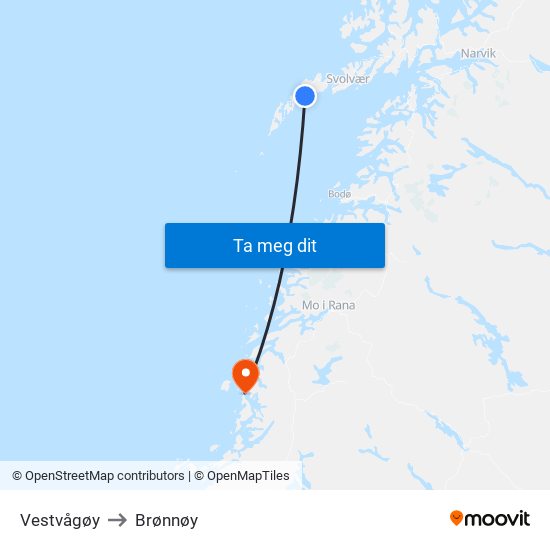 Vestvågøy to Brønnøy map