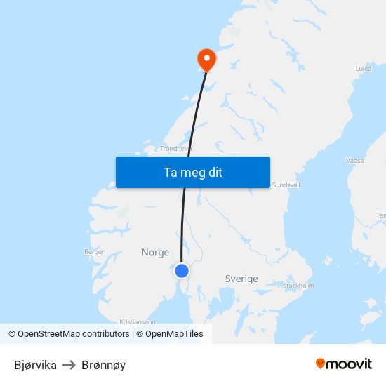 Bjørvika to Brønnøy map