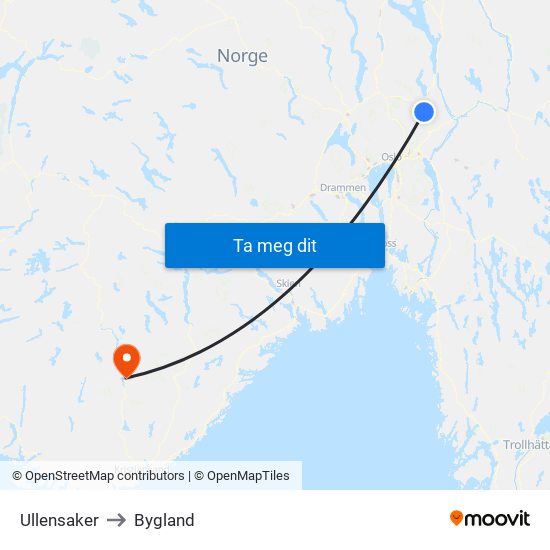 Ullensaker to Bygland map