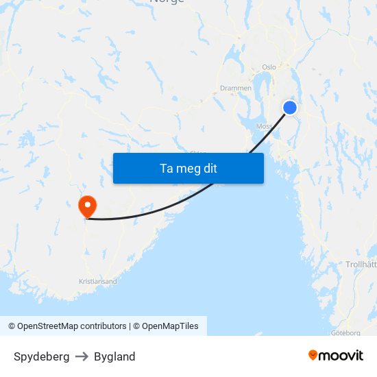 Spydeberg to Bygland map