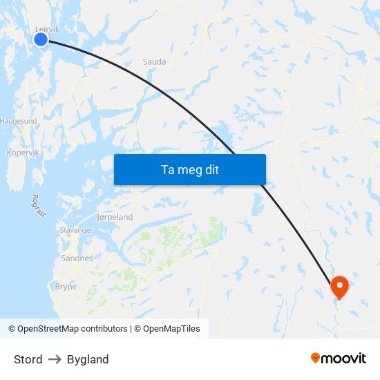 Stord to Bygland map