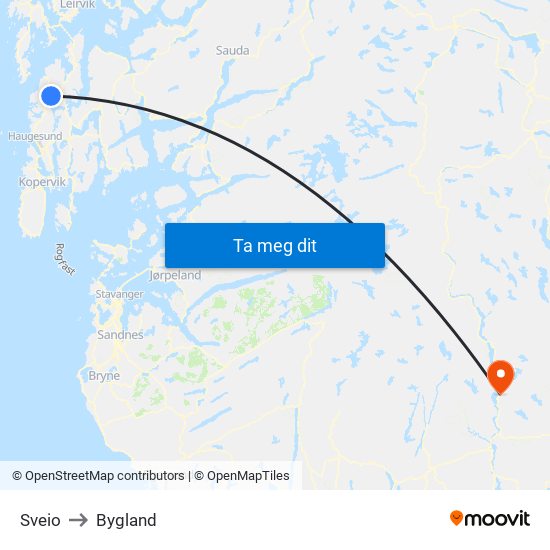 Sveio to Bygland map