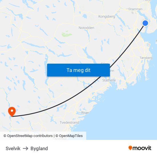 Svelvik to Bygland map