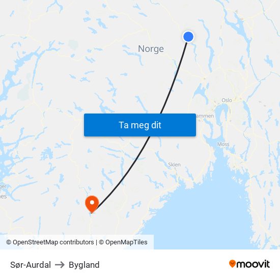 Sør-Aurdal to Bygland map