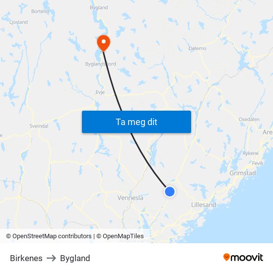 Birkenes to Bygland map