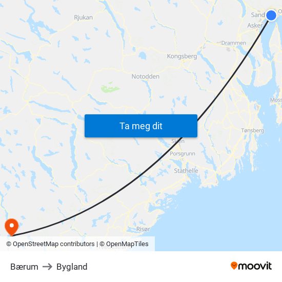 Bærum to Bygland map