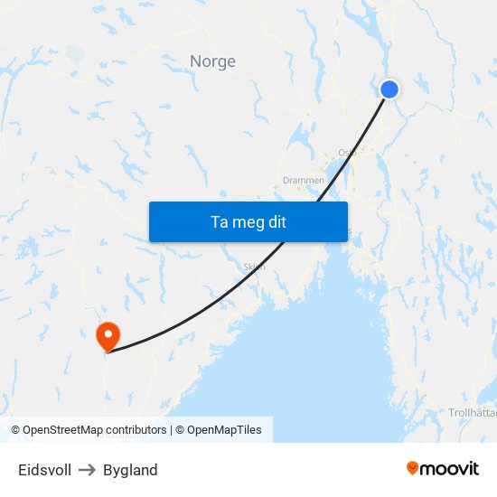 Eidsvoll to Bygland map