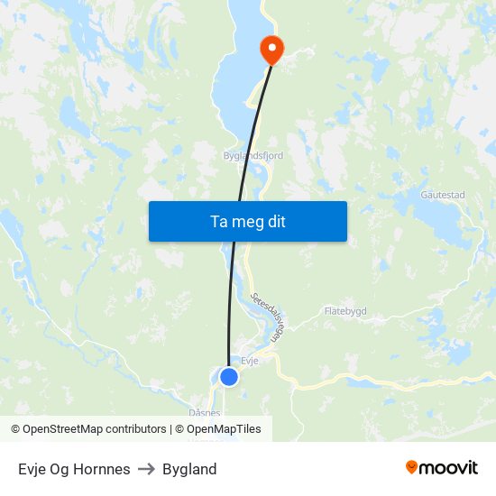 Evje Og Hornnes to Bygland map