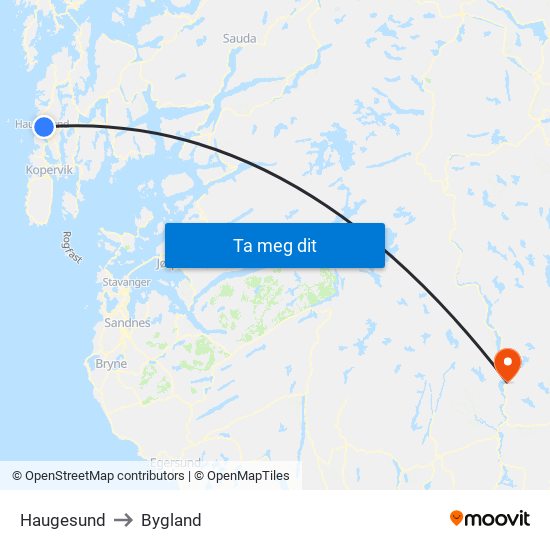 Haugesund to Bygland map