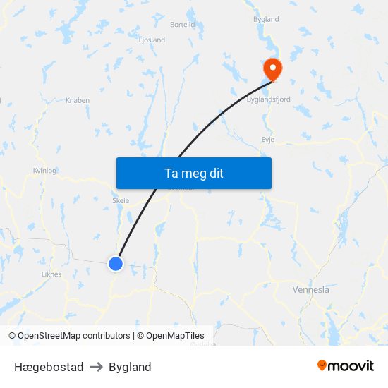 Hægebostad to Bygland map