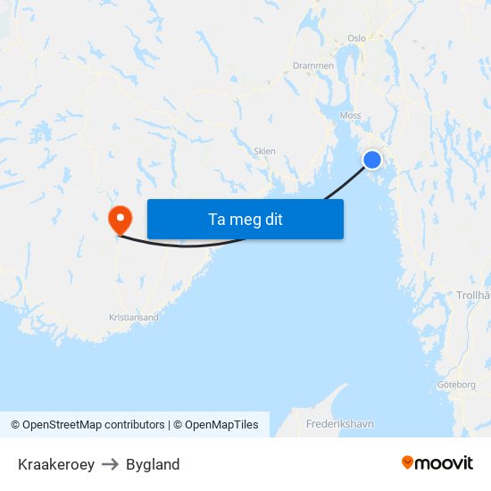 Kraakeroey to Bygland map