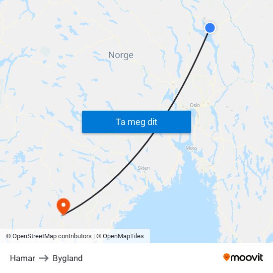 Hamar to Bygland map