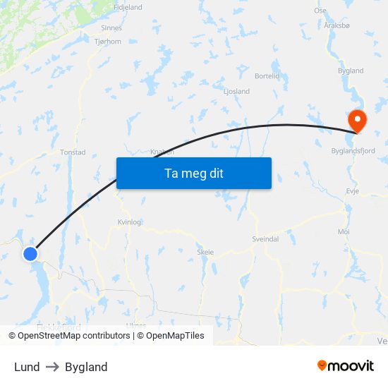 Lund to Bygland map