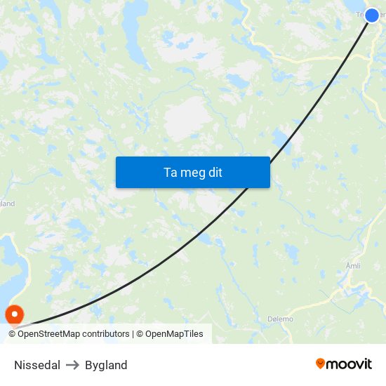 Nissedal to Bygland map