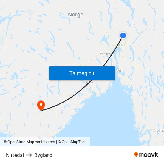 Nittedal to Bygland map