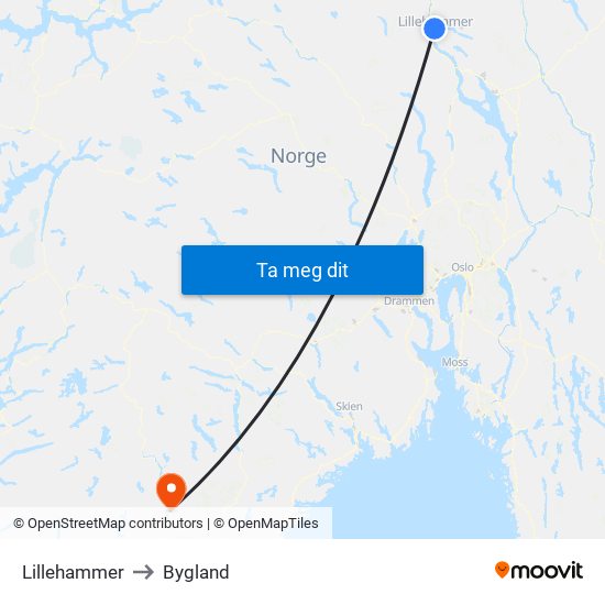 Lillehammer to Bygland map