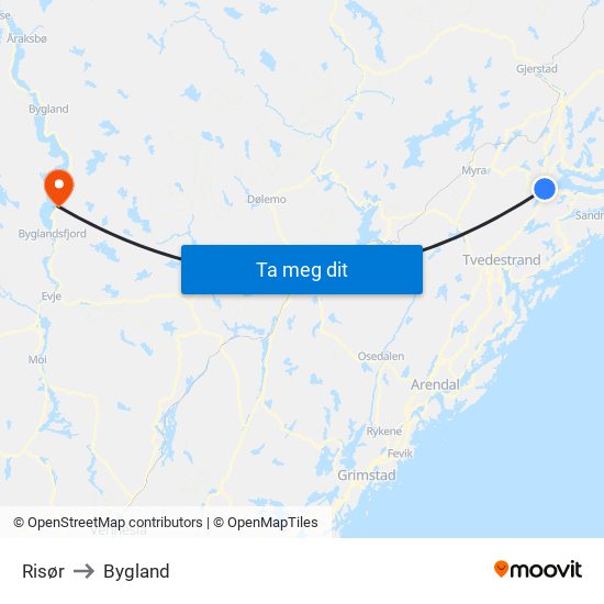 Risør to Bygland map