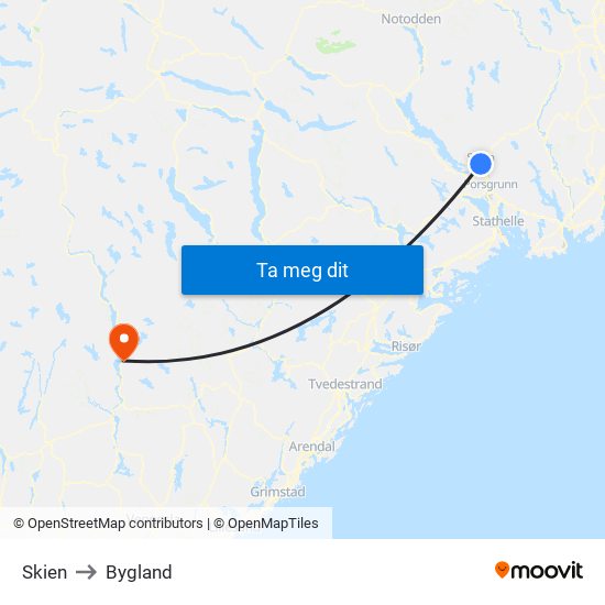 Skien to Bygland map