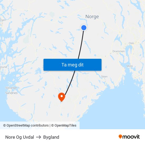 Nore Og Uvdal to Bygland map