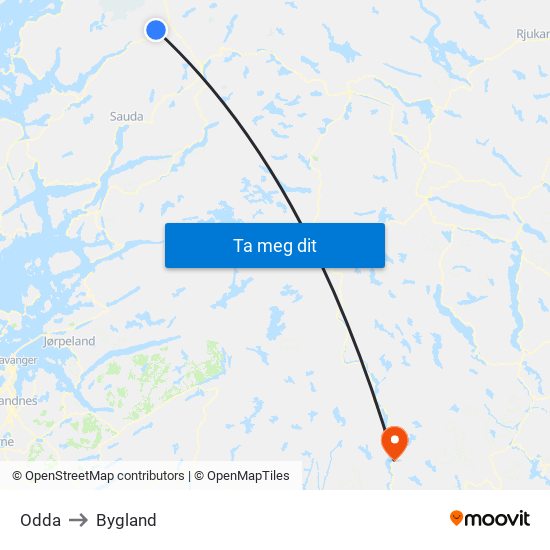 Odda to Bygland map