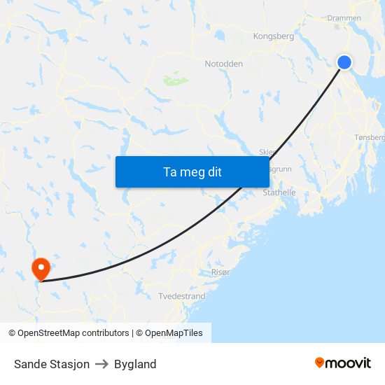 Sande Stasjon to Bygland map