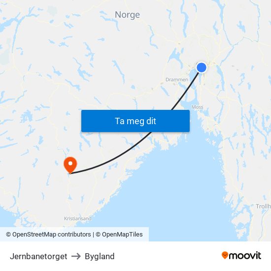 Jernbanetorget to Bygland map