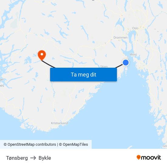 Tønsberg to Bykle map