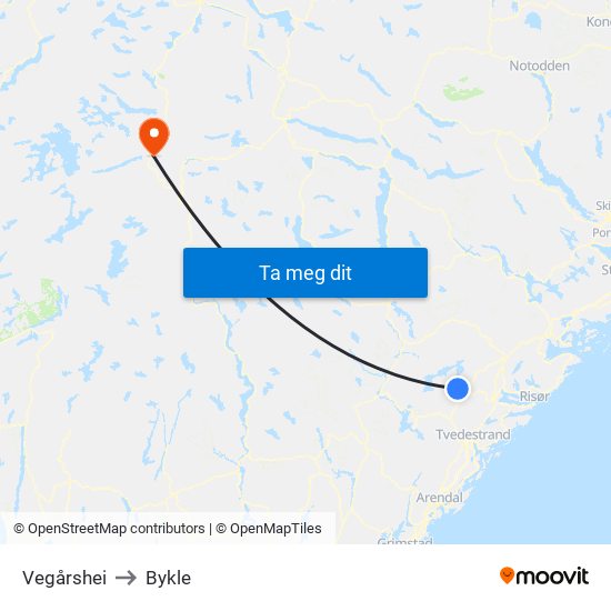 Vegårshei to Bykle map
