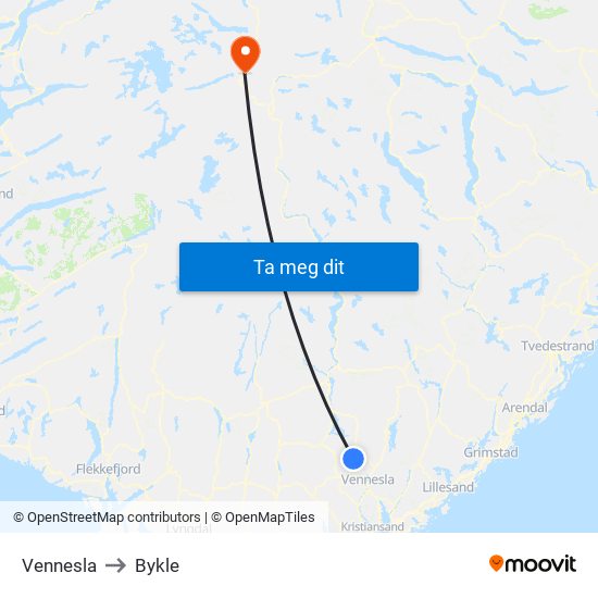 Vennesla to Bykle map