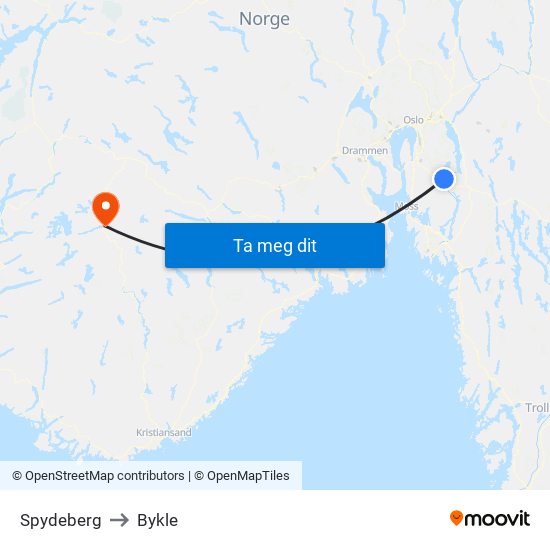 Spydeberg to Bykle map