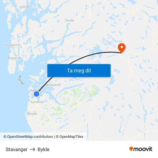 Stavanger to Bykle map