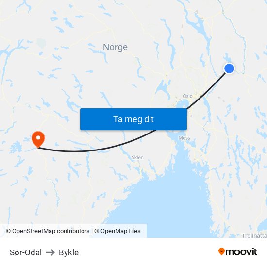 Sør-Odal to Bykle map