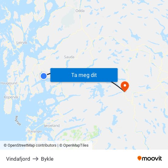 Vindafjord to Bykle map