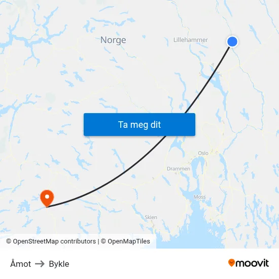 Åmot to Bykle map