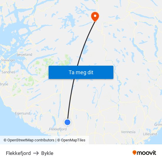 Flekkefjord to Bykle map