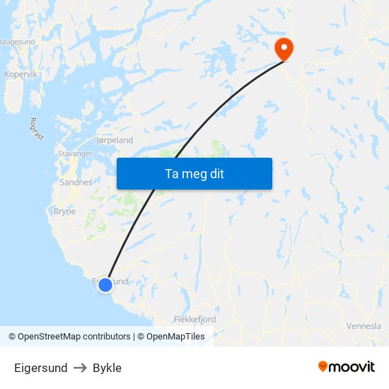 Eigersund to Bykle map