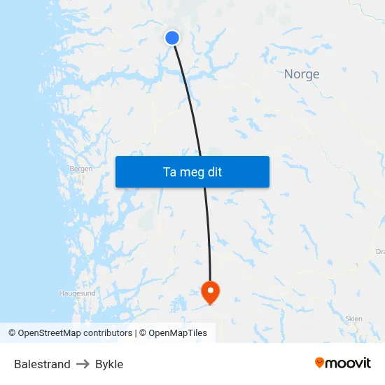 Balestrand to Bykle map