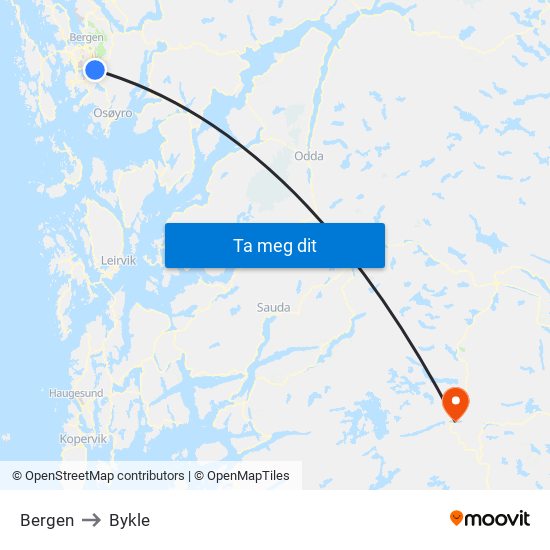 Bergen to Bykle map