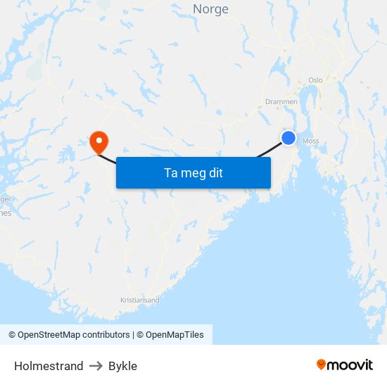 Holmestrand to Bykle map