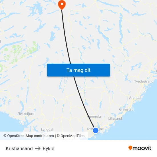 Kristiansand to Bykle map