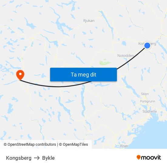 Kongsberg to Bykle map