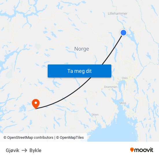 Gjøvik to Bykle map