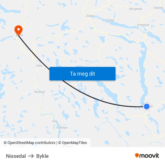 Nissedal to Bykle map