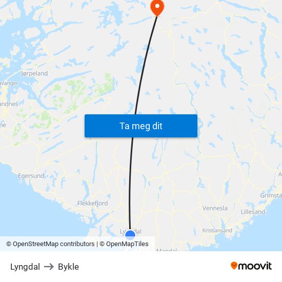 Lyngdal to Bykle map