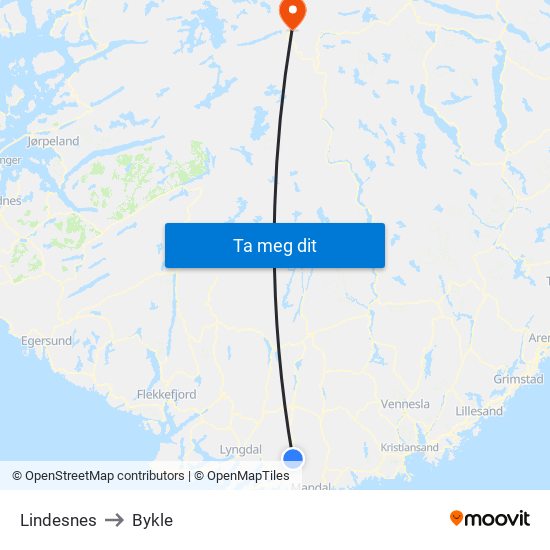 Lindesnes to Bykle map