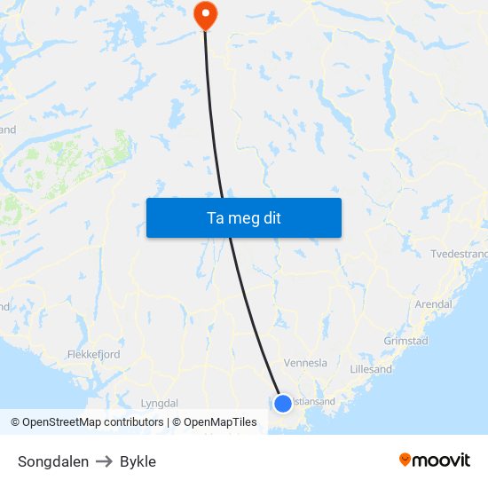 Songdalen to Bykle map